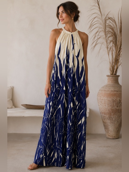 Psophia Dresses & Skirts - Psophía Vazquez De Castro Blue & Cream Abstract Halter Maxi Dress Size Small